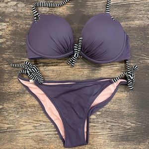 Purple VS Push Up Swimsuit with Black and White Stripe Ties